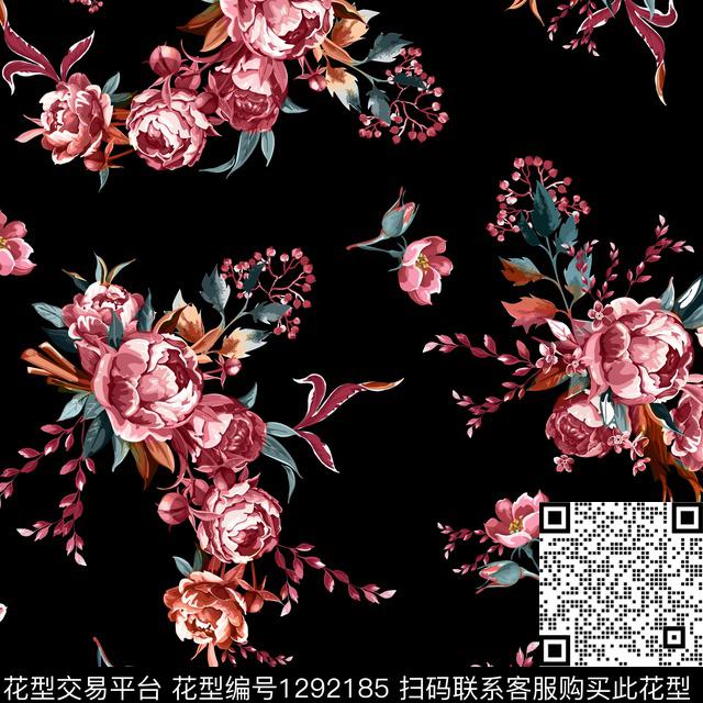 花卉黑底花卉玫瑰花数码印花华亿平台下载（图片编号: 1292185） - 瓦栏（Walan）