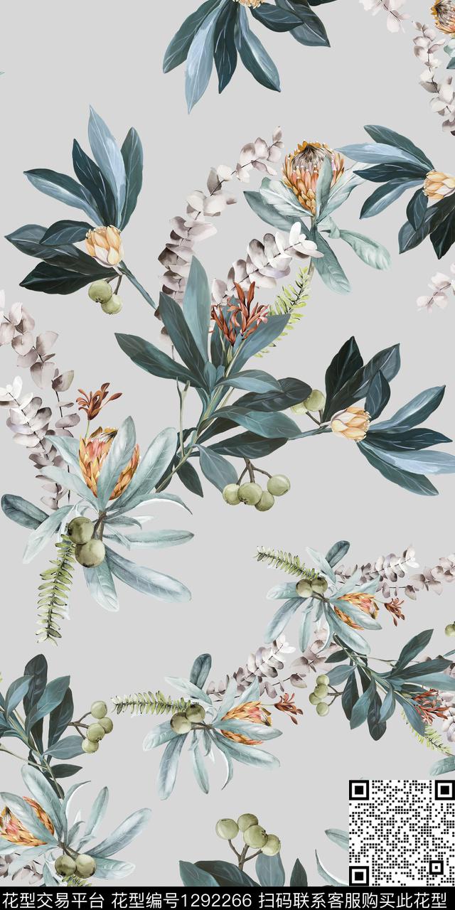 树枝花卉绿植树叶数码印花华亿平台下载（图片编号: 1292266） - 瓦栏（Walan）