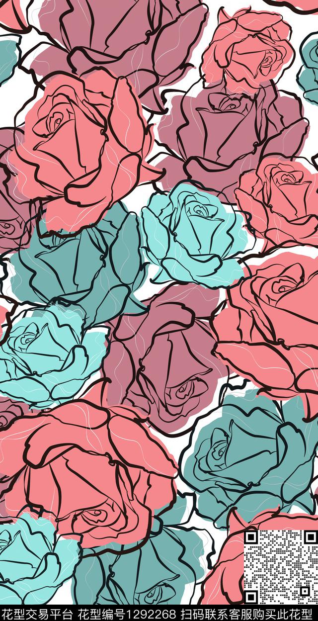 几何撞色水彩花卉传统印花华亿平台下载（图片编号: 1292268） - 瓦栏（Walan）