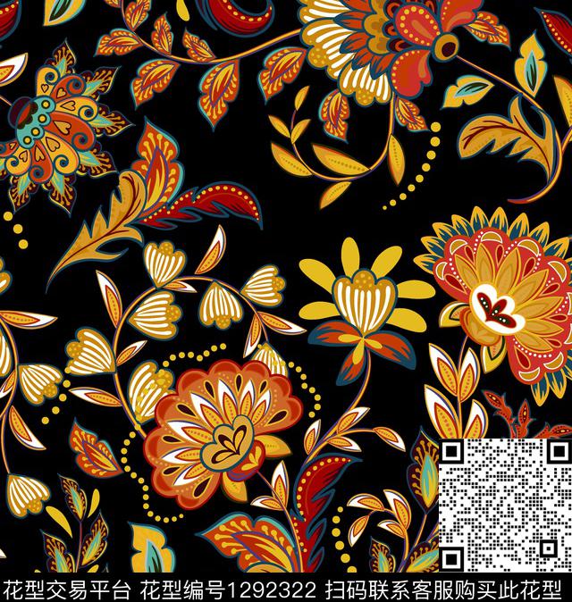 黑底花卉花卉抽象数码印花华亿平台下载（图片编号: 1292322） - 瓦栏（Walan）