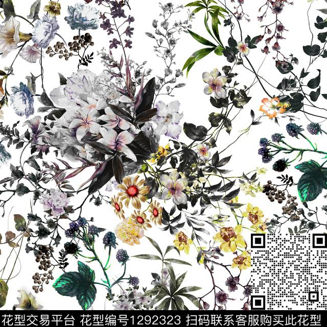 水彩花卉白底花数码印花华亿平台下载（图片编号: 1292323） - 瓦栏（Walan）