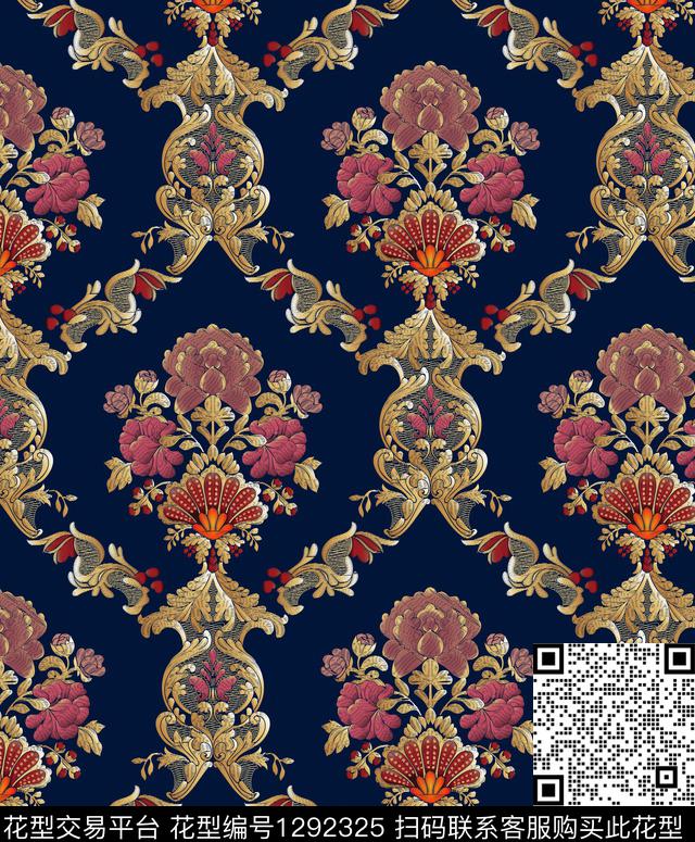 绣花华亿平台花卉老蓝底数码印花华亿平台下载（图片编号: 1292325） - 瓦栏（Walan）
