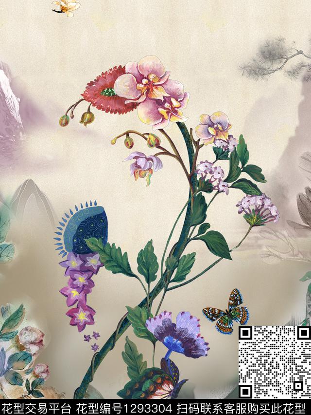 真丝中国风定位花手绘花卉数码印花华亿平台下载（图片编号: 1293304） - 瓦栏（Walan）