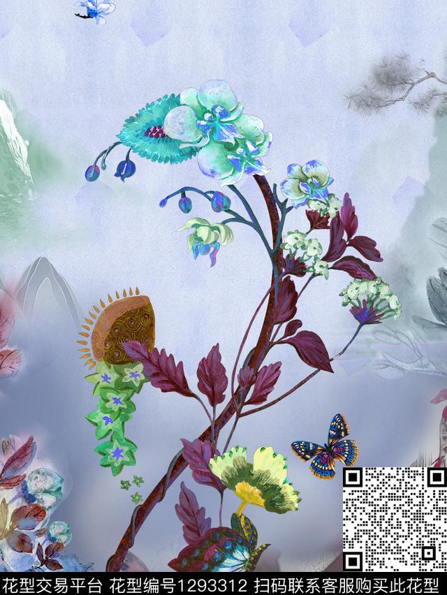 胸前独幅真丝中国风定位花传统印花华亿平台下载（图片编号: 1293312） - 瓦栏（Walan）