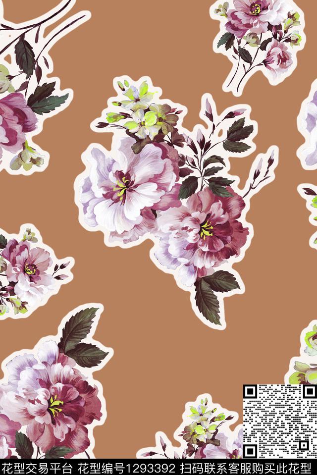 花卉素雅描边数码印花华亿平台下载（图片编号: 1293392） - 瓦栏（Walan）