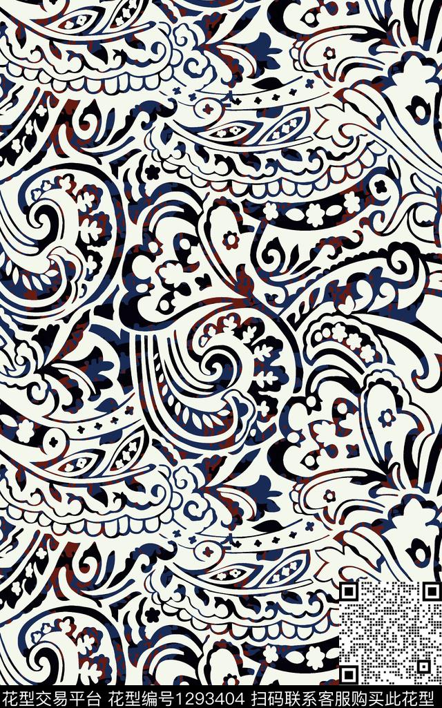 女装佩斯利黑白华亿平台传统印花华亿平台下载（图片编号: 1293404） - 瓦栏（Walan）