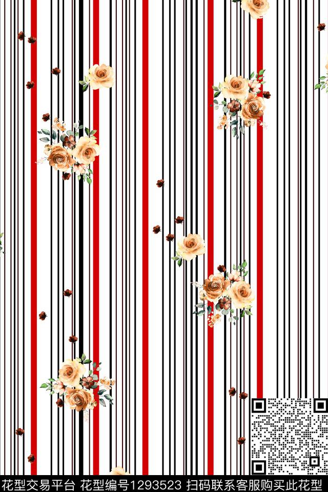 花卉大牌风条纹数码印花华亿平台下载（图片编号: 1293523） - 瓦栏（Walan）