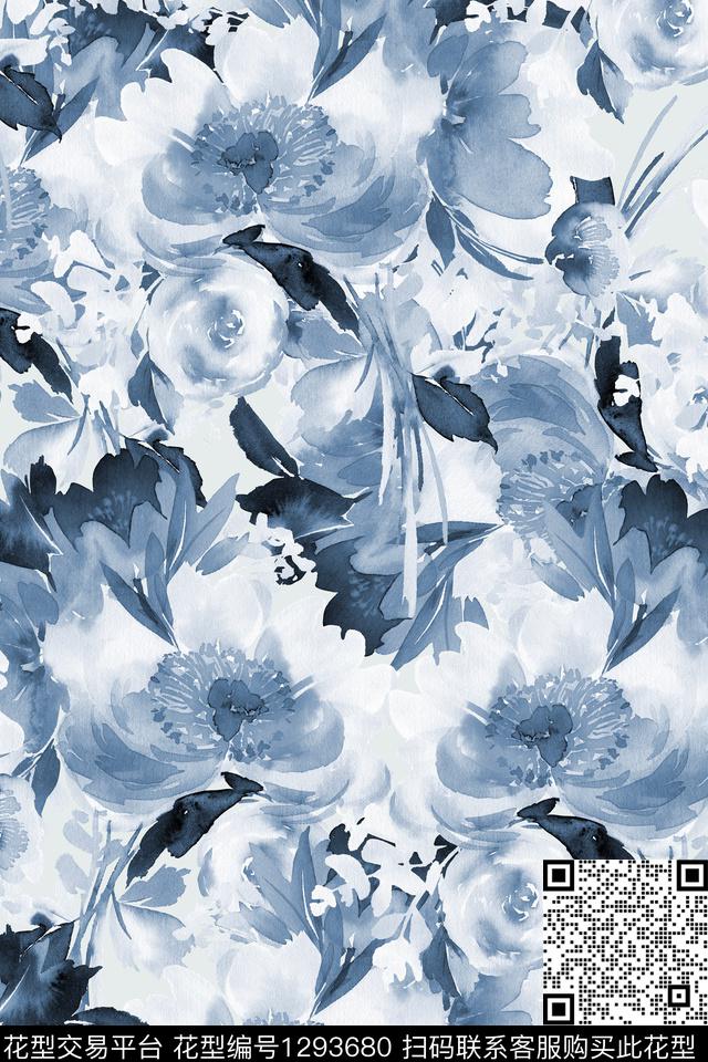 手绘靛蓝花水墨风数码印花华亿平台下载（图片编号: 1293680） - 瓦栏（Walan）