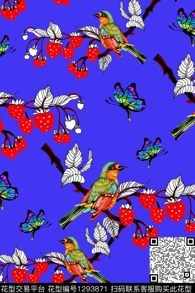 花鸟树枝草莓数码印花华亿平台下载（图片编号: 1293871） - 瓦栏（Walan）