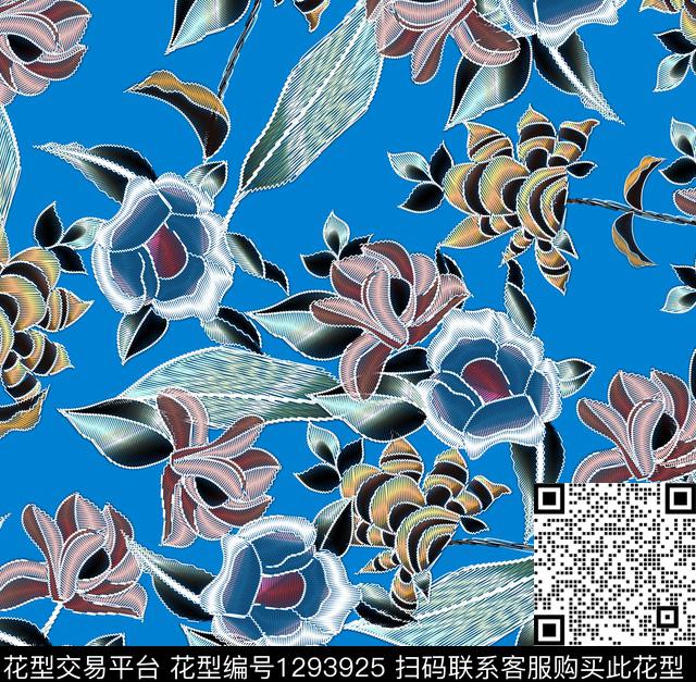 花卉绣花华亿平台宝蓝底数码印花华亿平台下载（图片编号: 1293925） - 瓦栏（Walan）
