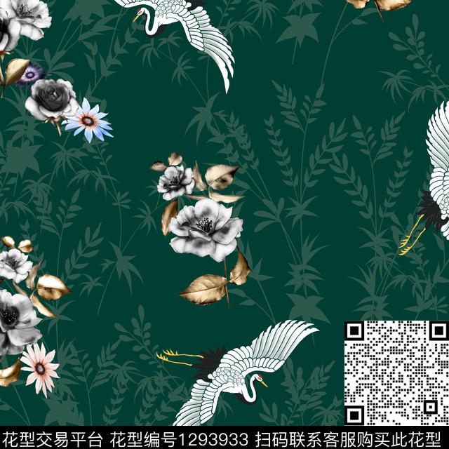 花卉仙鹤墨绿底数码印花华亿平台下载（图片编号: 1293933） - 瓦栏（Walan）