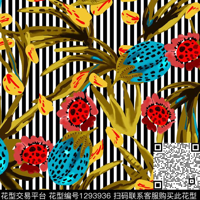 花卉抽象条纹底数码印花华亿平台下载（图片编号: 1293936） - 瓦栏（Walan）