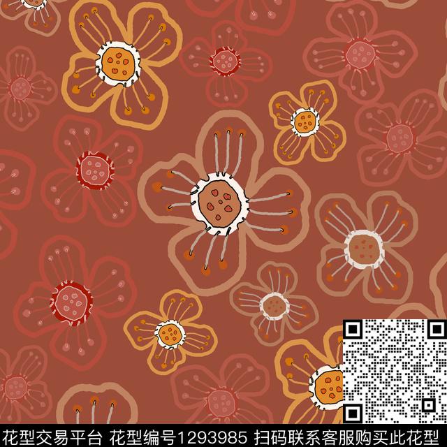 花卉满版散花手绘线条笔触传统印花华亿平台下载（图片编号: 1293985） - 瓦栏（Walan）