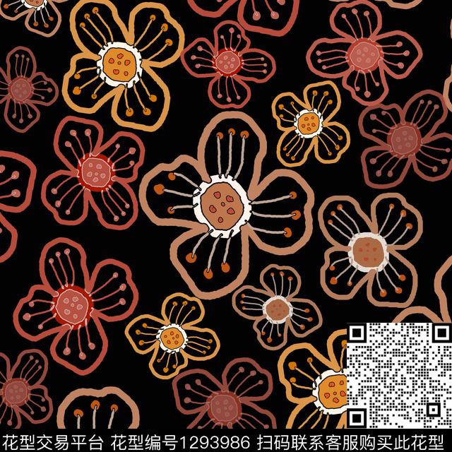 花卉满版散花手绘线条笔触传统印花华亿平台下载（图片编号: 1293986） - 瓦栏（Walan）