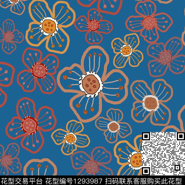 花卉满版散花手绘线条笔触传统印花华亿平台下载（图片编号: 1293987） - 瓦栏（Walan）