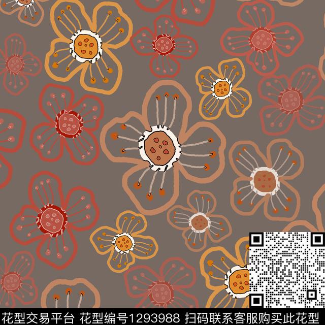 花卉满版散花手绘线条笔触传统印花华亿平台下载（图片编号: 1293988） - 瓦栏（Walan）