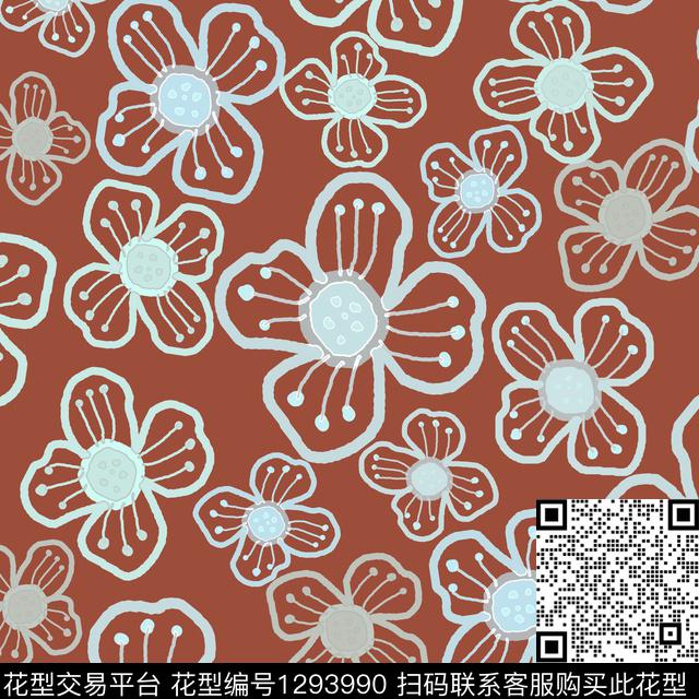 花卉满版散花手绘线条笔触传统印花华亿平台下载（图片编号: 1293990） - 瓦栏（Walan）