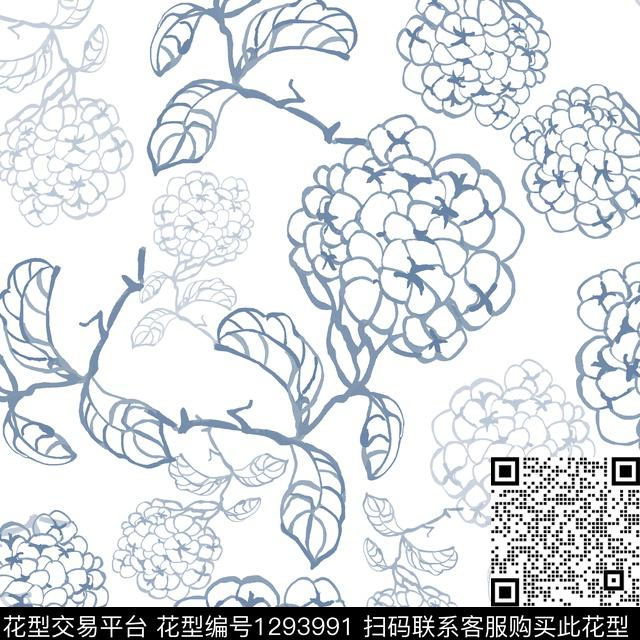 花卉满版散花手绘线条笔触传统印花华亿平台下载（图片编号: 1293991） - 瓦栏（Walan）