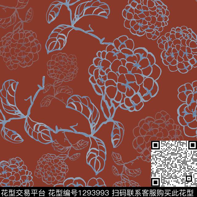 花卉满版散花手绘线条笔触传统印花华亿平台下载（图片编号: 1293993） - 瓦栏（Walan）