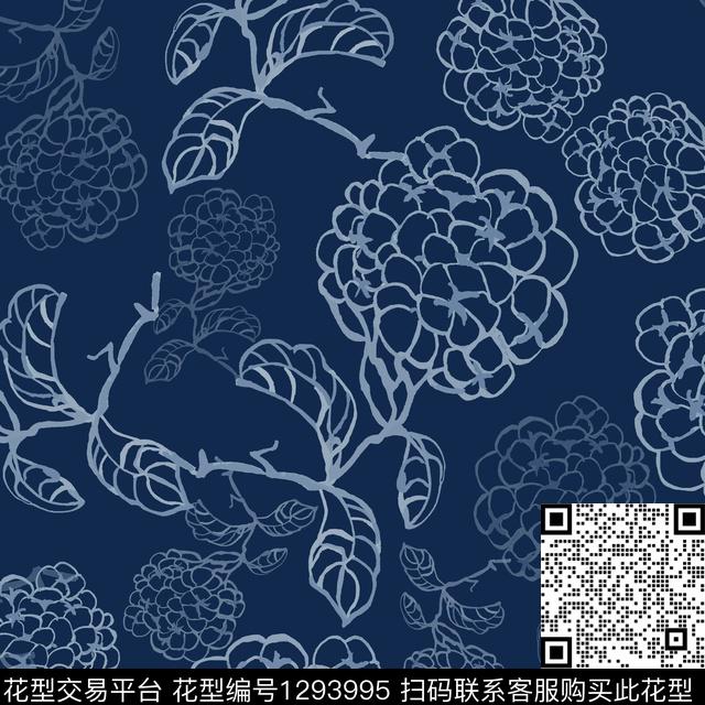 花卉满版散花手绘线条笔触传统印花华亿平台下载（图片编号: 1293995） - 瓦栏（Walan）