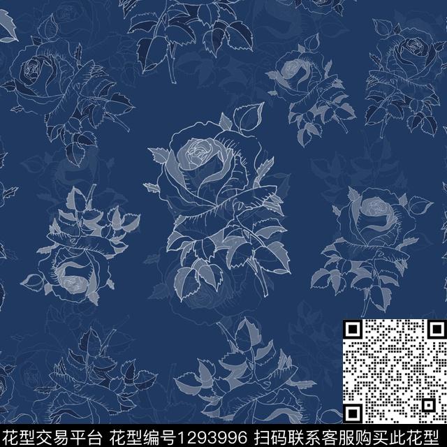 花卉满版散花手绘线条笔触传统印花华亿平台下载（图片编号: 1293996） - 瓦栏（Walan）