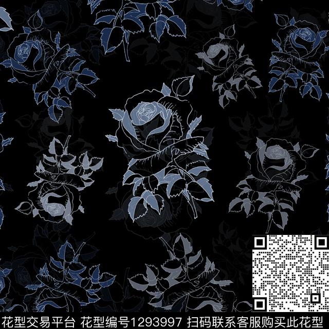 花卉满版散花手绘线条笔触传统印花华亿平台下载（图片编号: 1293997） - 瓦栏（Walan）