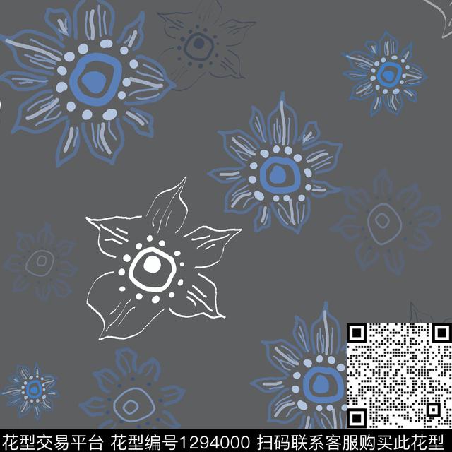 花卉满版散花手绘线条笔触传统印花华亿平台下载（图片编号: 1294000） - 瓦栏（Walan）