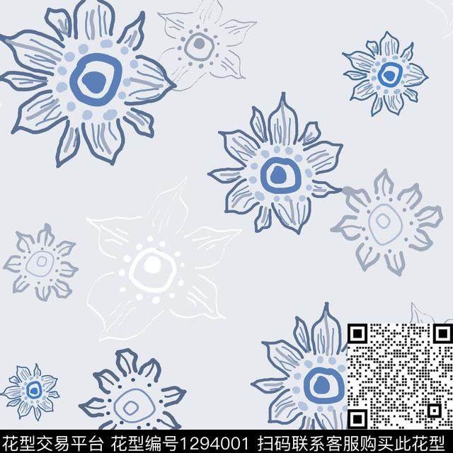 花卉满版散花手绘线条笔触传统印花华亿平台下载（图片编号: 1294001） - 瓦栏（Walan）