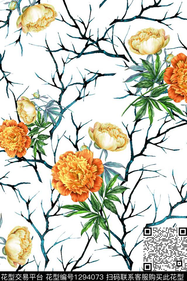 数码华亿平台花卉手绘数码印花华亿平台下载（图片编号: 1294073） - 瓦栏（Walan）
