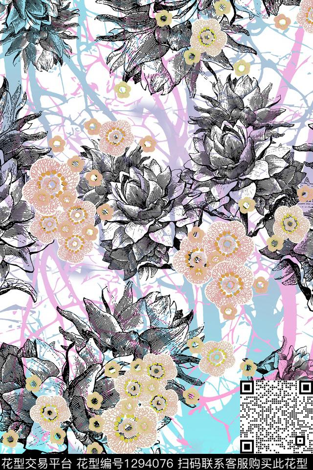 传统华亿平台小碎花线条花卉传统印花华亿平台下载（图片编号: 1294076） - 瓦栏（Walan）