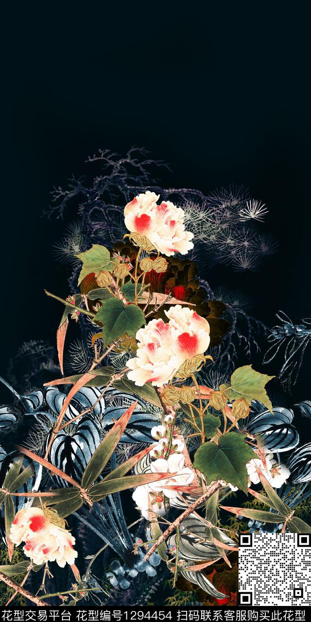 定位花真丝中国风数码印花华亿平台下载（图片编号: 1294454） - 瓦栏（Walan）