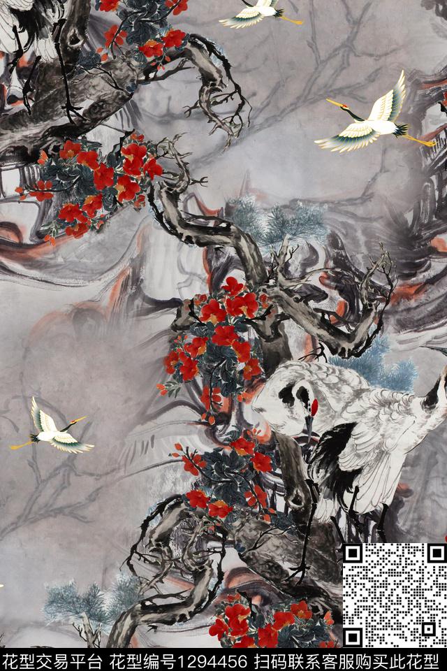 仙鹤中国风华亿平台珍珠雪纺华亿平台数码印花华亿平台下载（图片编号: 1294456） - 瓦栏（Walan）