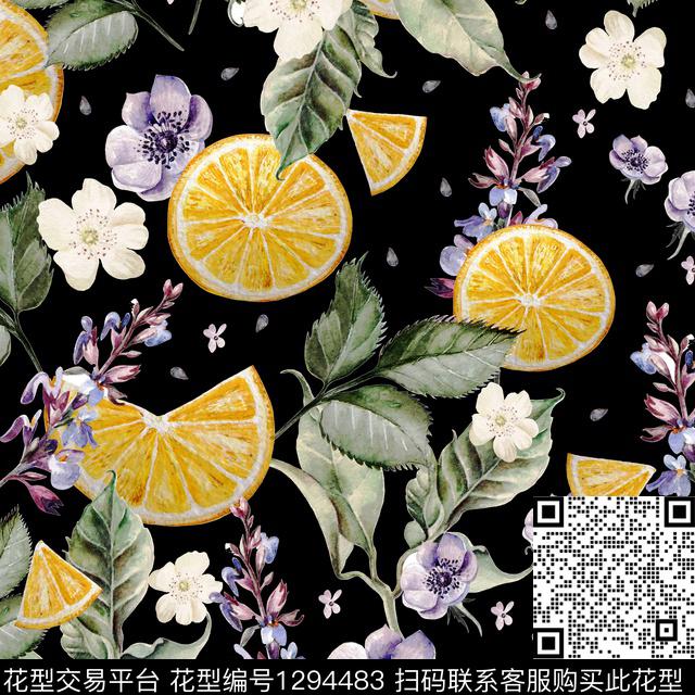 花卉柠檬黑底花卉数码印花华亿平台下载（图片编号: 1294483） - 瓦栏（Walan）