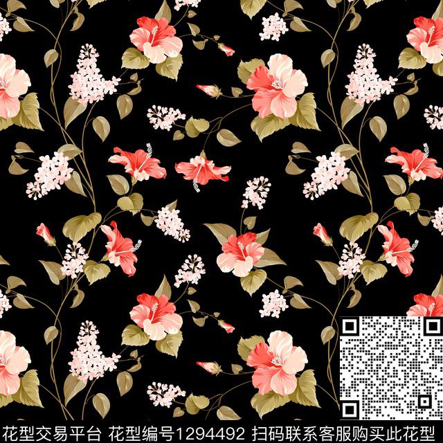 花卉抽象黑底花卉数码印花华亿平台下载（图片编号: 1294492） - 瓦栏（Walan）