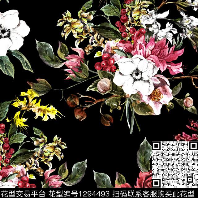 水彩花卉黑底花卉数码印花华亿平台下载（图片编号: 1294493） - 瓦栏（Walan）