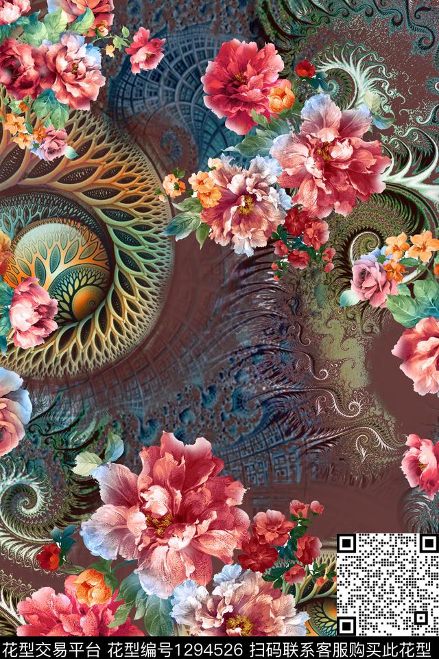 几何花卉大牌风数码印花华亿平台下载（图片编号: 1294526） - 瓦栏（Walan）
