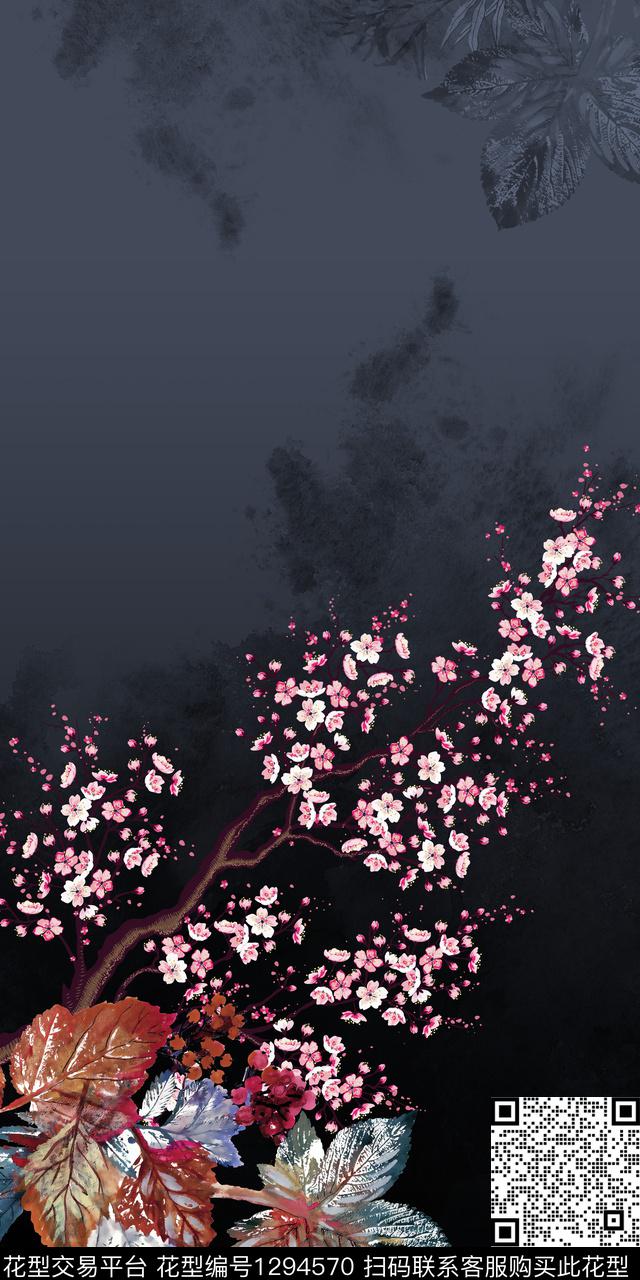 桃花渐变树枝枝条数码印花华亿平台下载（图片编号: 1294570） - 瓦栏（Walan）