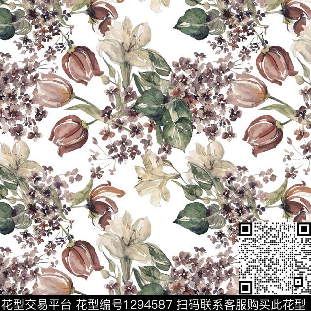 花卉白底花水墨风数码印花华亿平台下载（图片编号: 1294587） - 瓦栏（Walan）