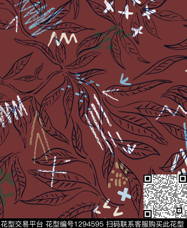 笔触植物欧美传统印花华亿平台下载（图片编号: 1294595） - 瓦栏（Walan）