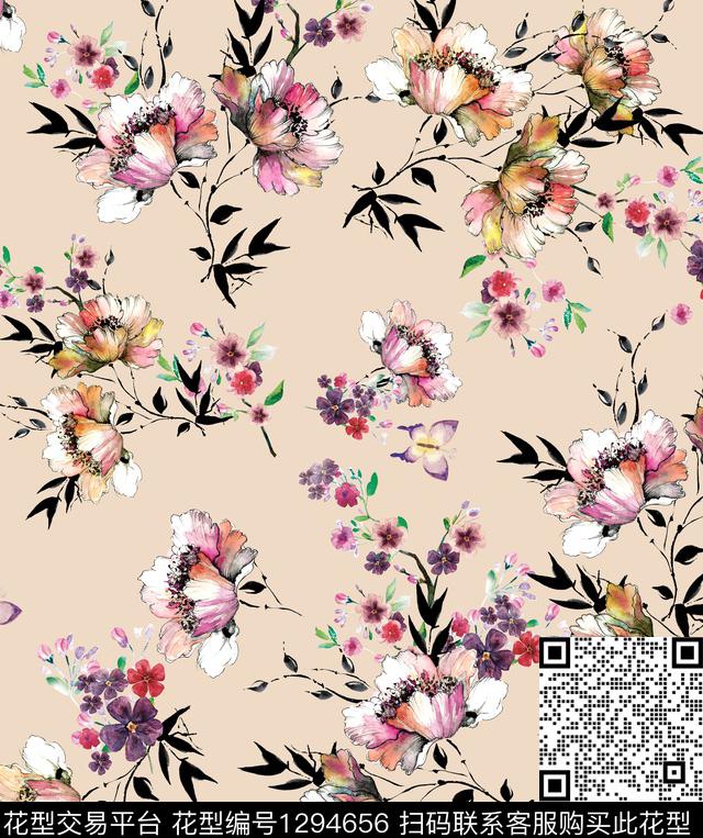 花卉休闲水彩花卉数码印花华亿平台下载（图片编号: 1294656） - 瓦栏（Walan）