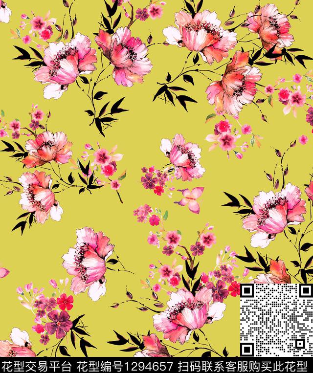 花卉休闲水彩花卉数码印花华亿平台下载（图片编号: 1294657） - 瓦栏（Walan）