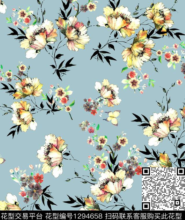 花卉休闲水彩花卉数码印花华亿平台下载（图片编号: 1294658） - 瓦栏（Walan）