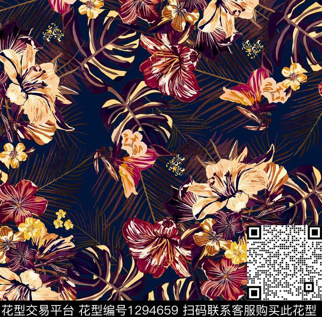 花卉手绘老蓝底数码印花华亿平台下载（图片编号: 1294659） - 瓦栏（Walan）