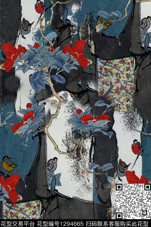 鸟中国风华亿平台珍珠雪纺华亿平台数码印花华亿平台下载（图片编号: 1294665） - 瓦栏（Walan）