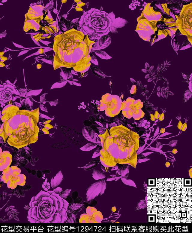 花卉大牌风欧美数码印花华亿平台下载（图片编号: 1294724） - 瓦栏（Walan）