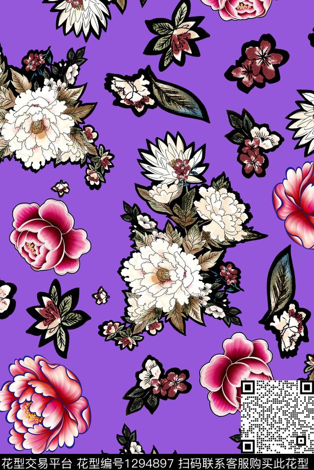 大花月季花纯底花数码印花华亿平台下载（图片编号: 1294897） - 瓦栏（Walan）