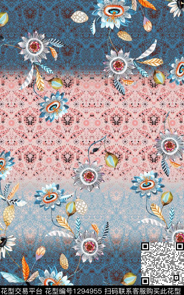 花卉香云纱真丝数码印花华亿平台下载（图片编号: 1294955） - 瓦栏（Walan）