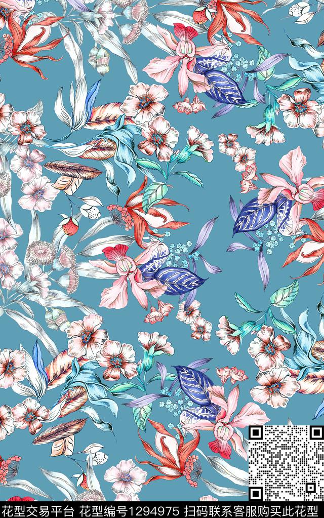 花卉香云纱真丝数码印花华亿平台下载（图片编号: 1294975） - 瓦栏（Walan）