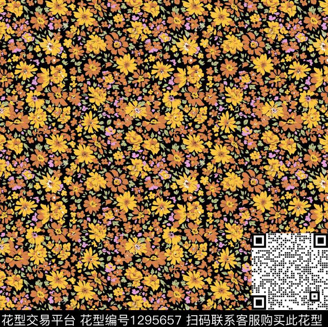 黑底花卉花卉小黄花数码印花华亿平台下载（图片编号: 1295657） - 瓦栏（Walan）