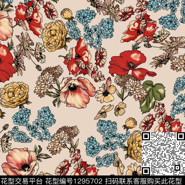 复古花卉米色底数码印花华亿平台下载（图片编号: 1295702） - 瓦栏（Walan）
